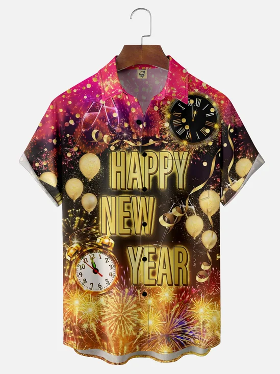 Moisture-wicking Happy New Year Fireworks Clock Chest Pocket Casual Shirt