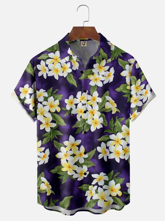 Moisture-wicking Plumeria Floral Chest Pocket Hawaiian Shirt