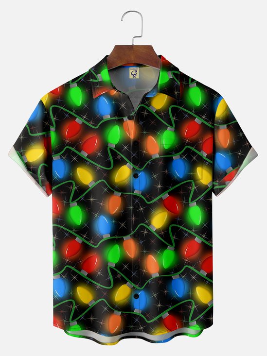 Big Size Moisture Wicking Artistic Christmas Merry Christmas Lights Chest Pocket Hawaiian Shirt