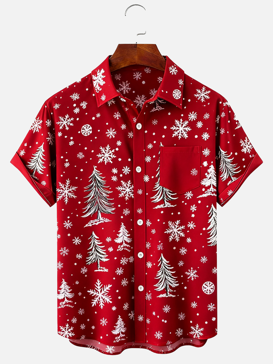 Tall Size Moisture-wicking Christmas Tree Chest Pocket Holiday Shirt