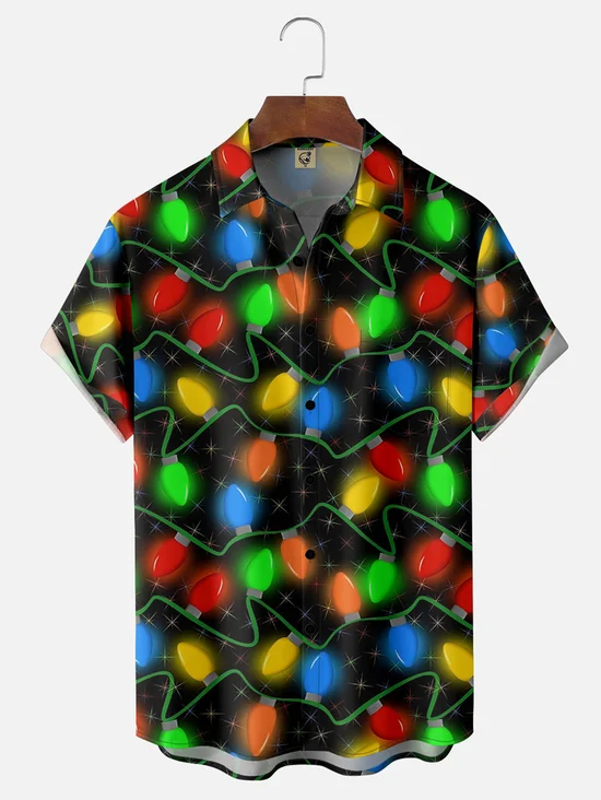 Tall Size Moisture Wicking Artistic Christmas Merry Christmas Lights Chest Pocket Hawaiian Shirt