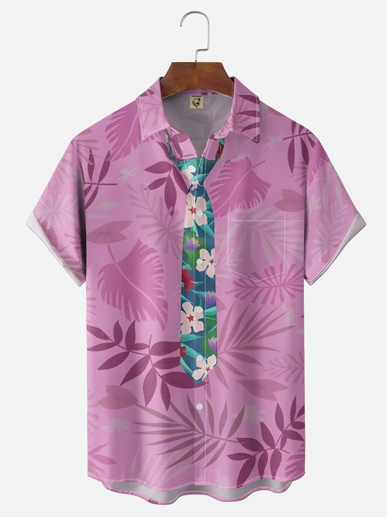 Moisture-wicking Tropical Leaf Holiday Red Fox Role Play Chest Pocket Hawaiian Shirt