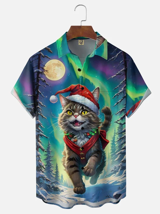 Moisture Wicking Cat in a Santa Hat Chest Pocket Holiday Shirt