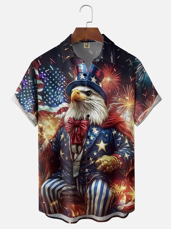 Moisture Wicking Gradient New Year Fireworks Eagle American Flag Chest Pocket Holiday Shirt