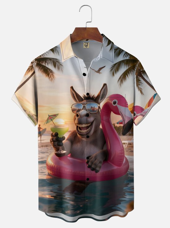 Moisture-wicking Donkey Flamingo Coconut Tree Beach Chest Pocket Hawaiian Shirt