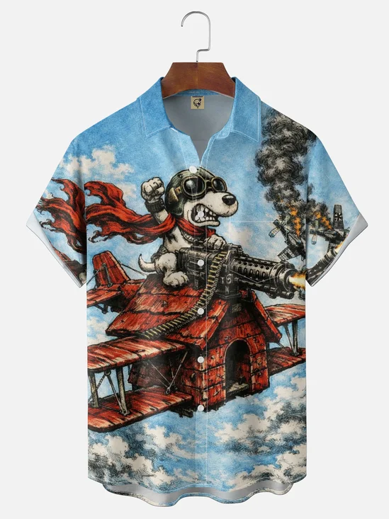 Moisture-Wicking Abstract Airplane & Dog Pattern and Chest Pocket Holiday Hawaiian Shirt