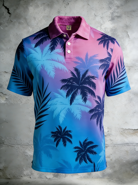 Moisture-Wicking Gradient Tropical Leaf Short-Sleeve Holiday Golf Polo