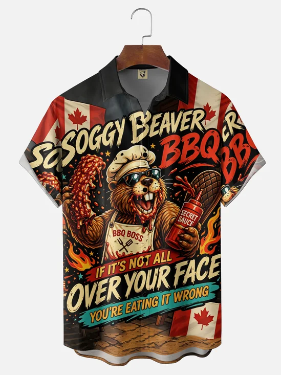 Moisture-Wicking Canadian Flag & Maple Leaf Fun Beaver BBQ Chest Pocket Hawaiian Shirt