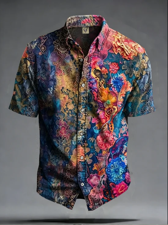 Moisture-Wicking Abstract Gradient Floral Print Chest Pocket Hawaiian Shirt