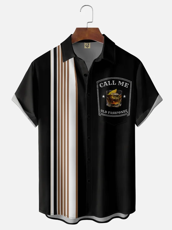 Moisture-Wicking "Old-Fashioned Cocktail Holiday Chest Pocket Bowling Shirt
