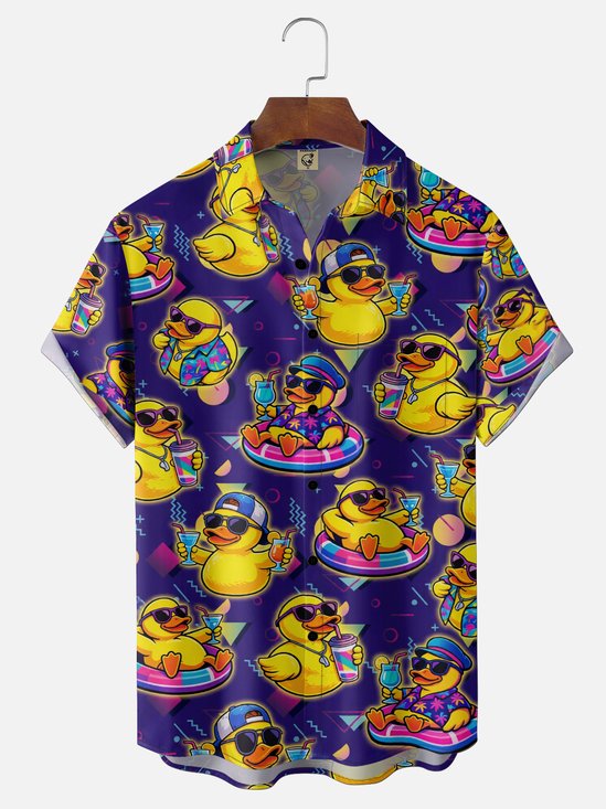 Moisture-Wicking Neon-Colored Little Yellow Duck & Cocktail Swim Ring Print Chest Pocket Hawaiian Shirt