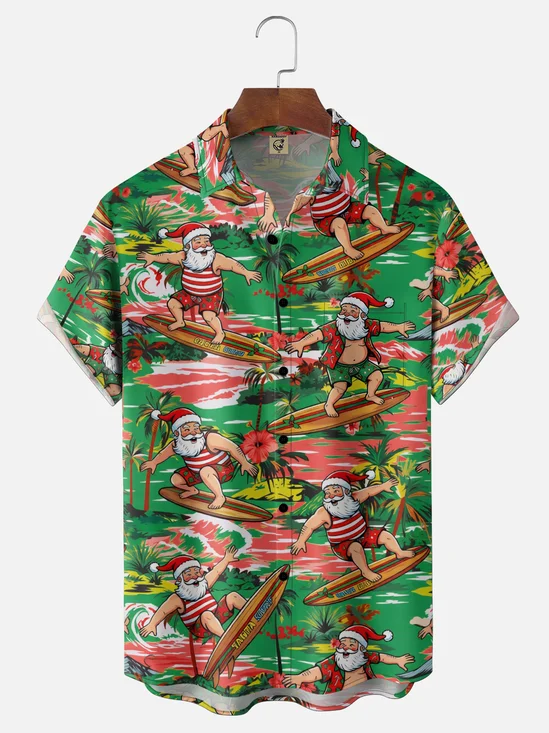 Moisture-Wicking July Christmas Surfing Santa Holiday Chest Pocket Hawaiian Shirt