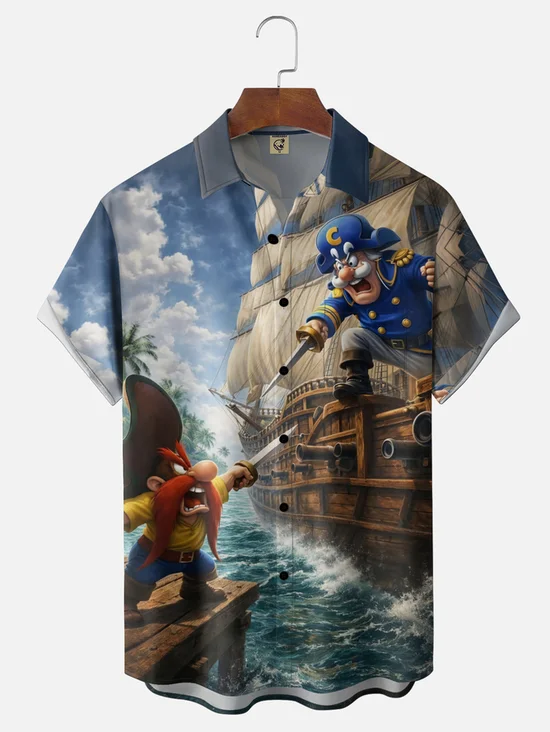Tall Size Moisture-Wicking Gradient-Color Dueling Pirates & Sailboats Design Chest Pocket Hawaiian Shirt