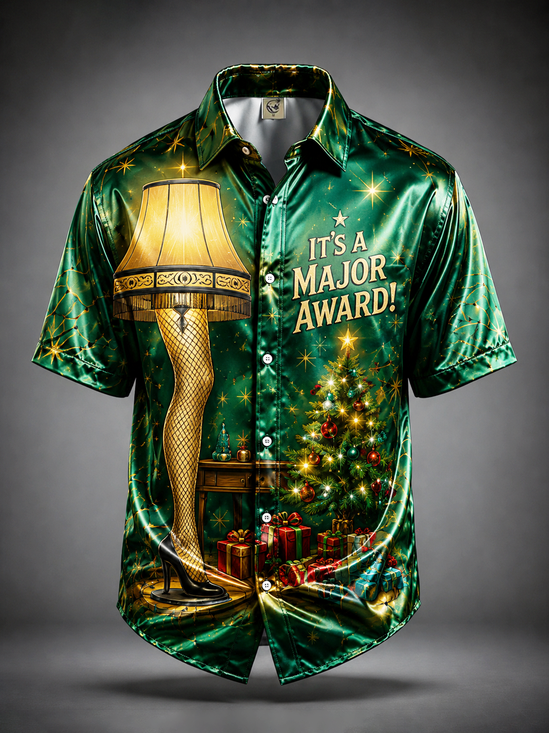 Breathable Silk Satin Christmas Leg Lamp Chest Pocket Hawaiian Shirt