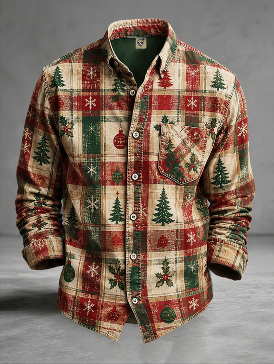 Tall Size Moisture-Wicking  Christmas Tree Plaid Chest Pocket Long-Sleeve Casual Shirt