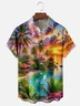 Moisture-wicking Beach Coconut Trees Sunset Chest Pocket Hawaiian Shirt