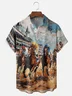 Tall Size Moisture-wicking Horse Racing Festival Art Oil Painting Chest Pocket Casual Shirt